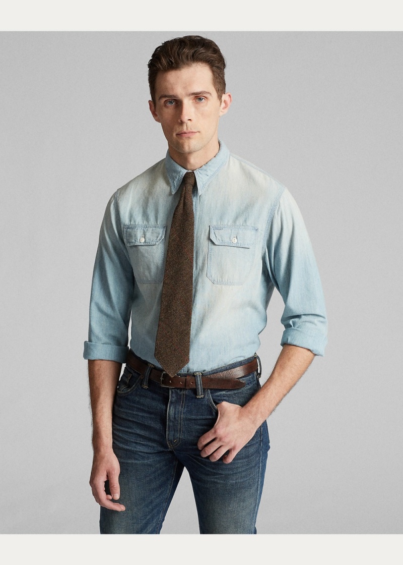 Camisas informales y Camisas Vestir Indigo Chambray Workshirt Hombre Azules | SIKA80569 - vista 3
