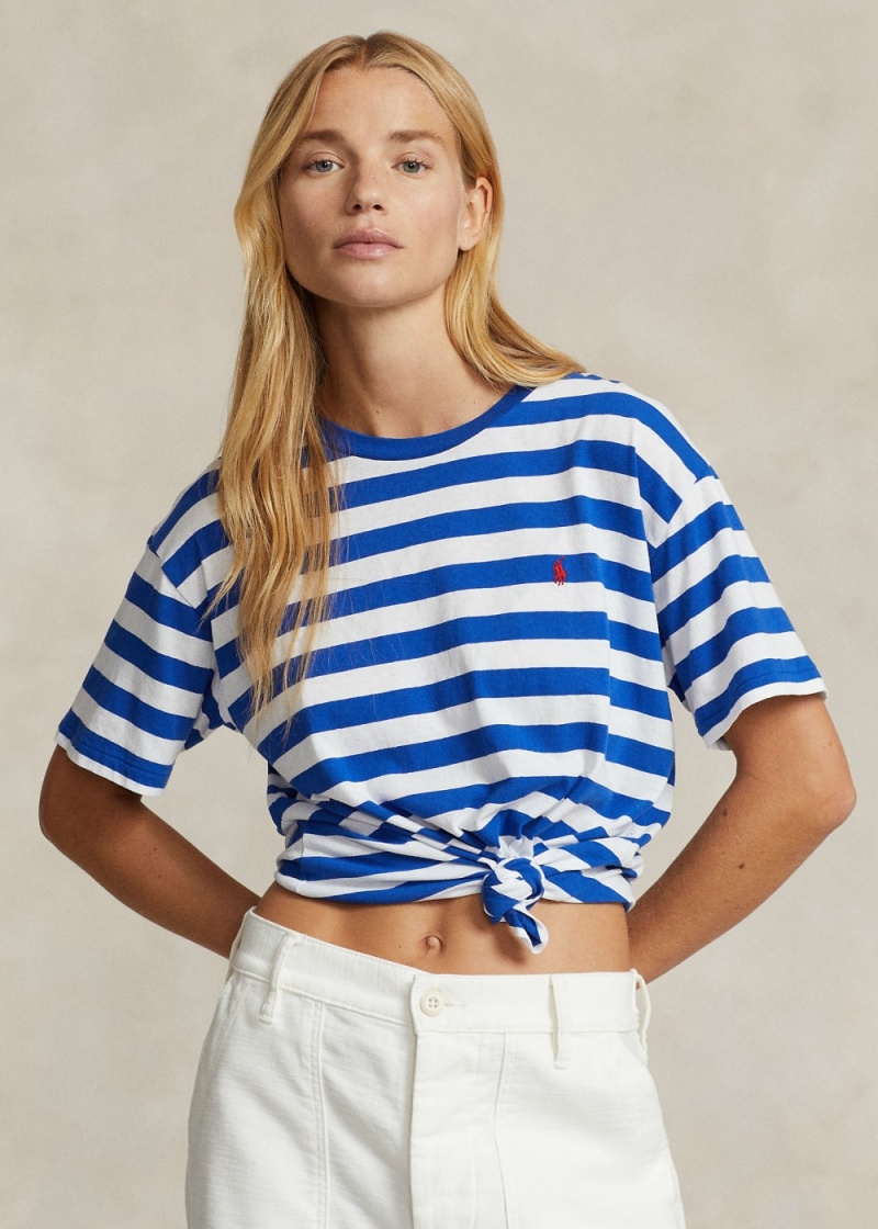 Camiseta A Rayas Algodon Jersey Crewneck Mujer Blancos | RDHN80746 - vista 1