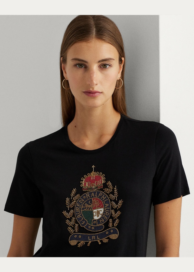 Camiseta Beaded-Crest Algodon-Blend Jersey Mujer Negros | KPCJ74032 - vista 2