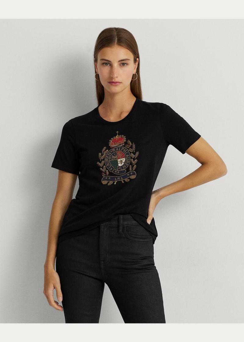 Camiseta Beaded-Crest Algodon-Blend Jersey Mujer Negros | KPCJ74032 - vista 3
