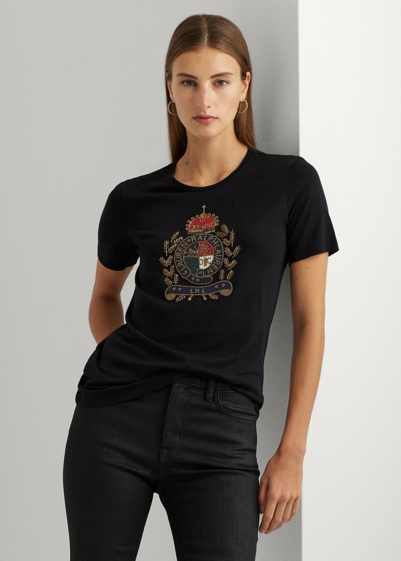 Camiseta Beaded-Crest Algodon-Blend Jersey Mujer Negros | KPCJ74032 - vista 1