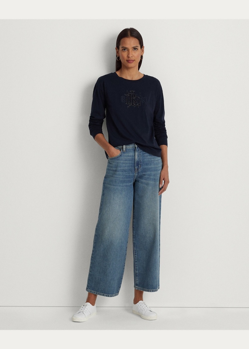 Camiseta Beaded-Logo Jersey Long-Sleeve Mujer Azul Marino | PNXM65290 - vista 2