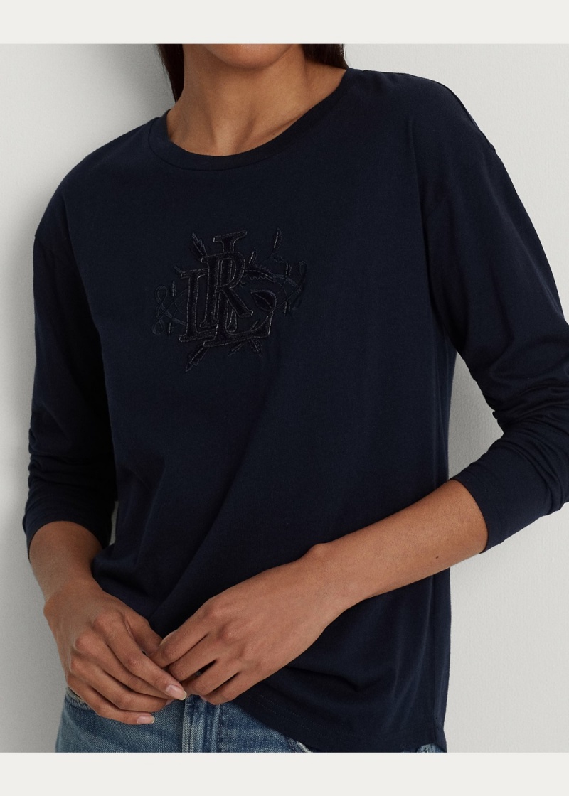 Camiseta Beaded-Logo Jersey Long-Sleeve Mujer Azul Marino | PNXM65290 - vista 4