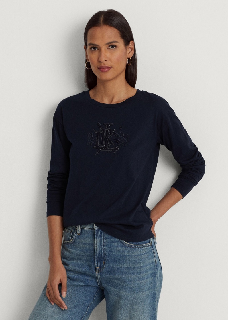 Camiseta Beaded-Logo Jersey Long-Sleeve Mujer Azul Marino | PNXM65290 - vista 1