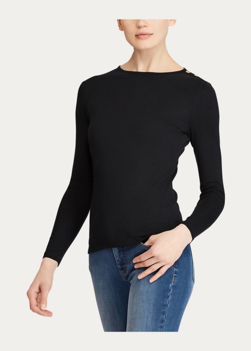 Camiseta Button-Shoulder Crewneck Top Mujer Negros | DIBE17348 - vista 3