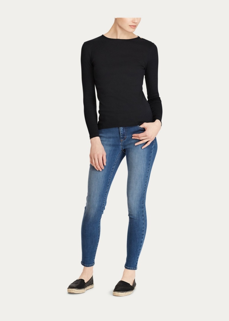 Camiseta Button-Shoulder Crewneck Top Mujer Negros | DIBE17348 - vista 1
