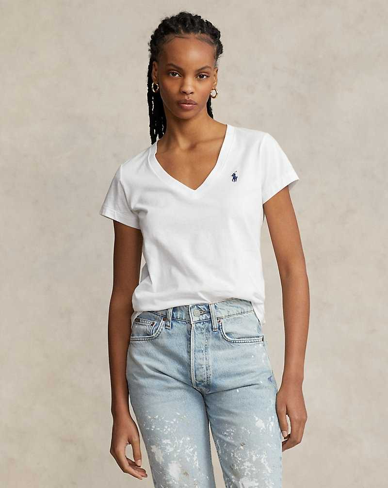 Camiseta Ralph Lauren Cotton Jersey V-Neck Mujer Blancos | JHYDLAU-26 - vista 1