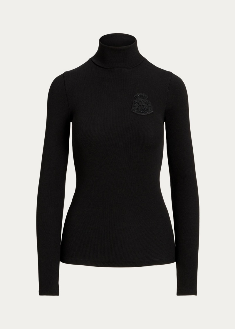 Camiseta Crest Acanalado Turtleneck Mujer Negros | BRLN93407 - vista 2
