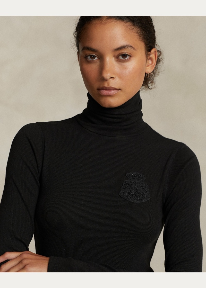 Camiseta Crest Acanalado Turtleneck Mujer Negros | BRLN93407 - vista 5