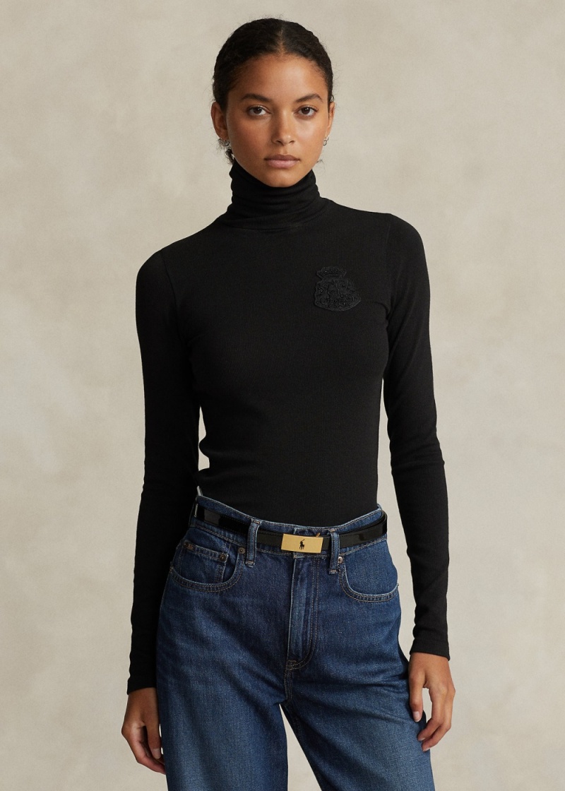 Camiseta Crest Acanalado Turtleneck Mujer Negros | BRLN93407 - vista 1