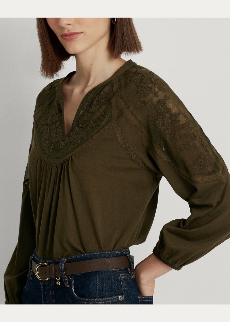 Camiseta Embroidered Jersey Blouson-Sleeve Top Mujer Verdes | RVPO87426 - vista 3