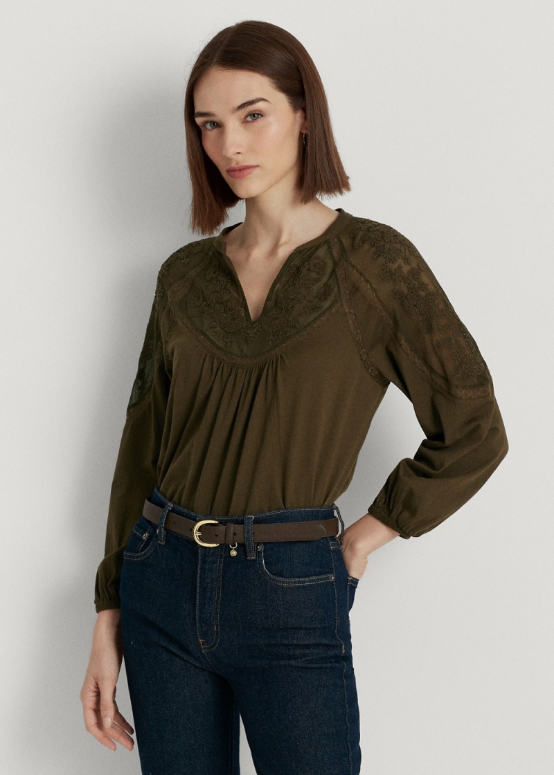 Camiseta Embroidered Jersey Blouson-Sleeve Top Mujer Verdes | RVPO87426 - vista 1