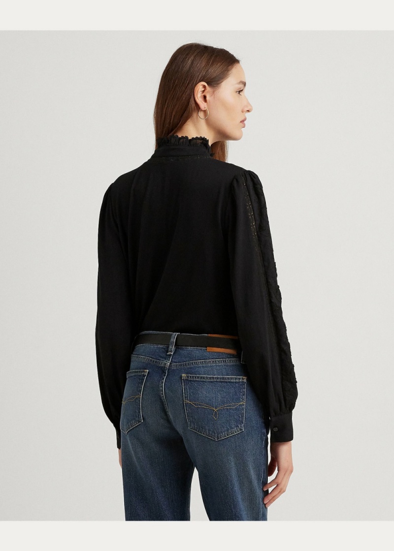 Camiseta Encaje-Trim Algodon-Blend Jersey Blouse Mujer Negros | IEFA57312 - vista 3