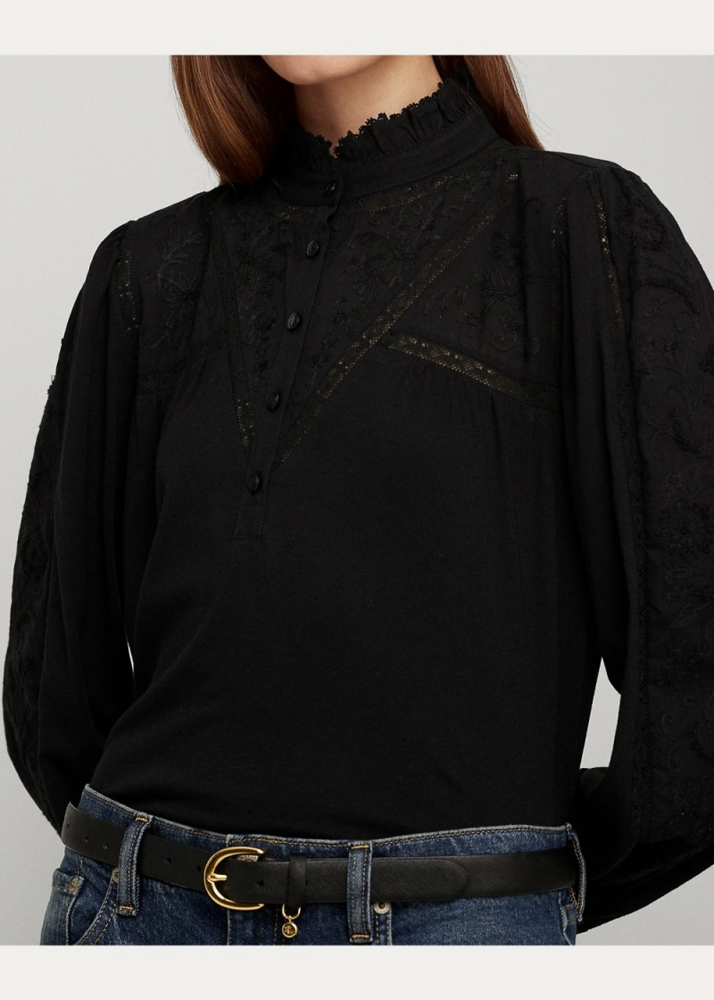 Camiseta Encaje-Trim Algodon-Blend Jersey Blouse Mujer Negros | IEFA57312 - vista 4
