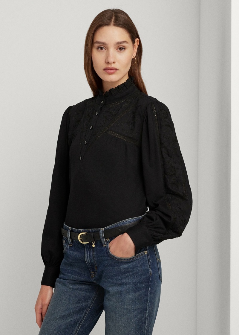 Camiseta Encaje-Trim Algodon-Blend Jersey Blouse Mujer Negros | IEFA57312 - vista 1