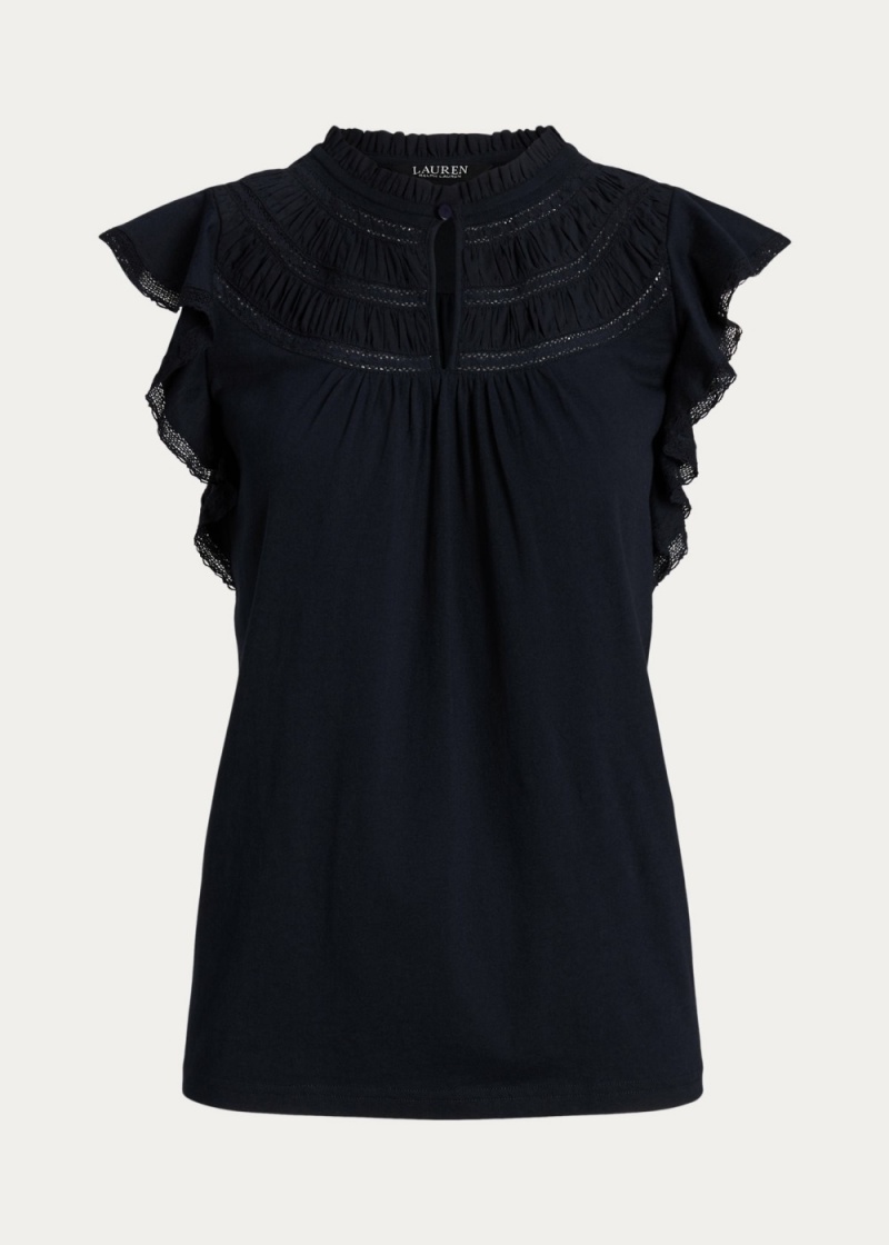 Camiseta Encaje-Trim Jersey Flutter-Sleeve Blouse Mujer Azul Marino | RXLQ48509 - vista 2