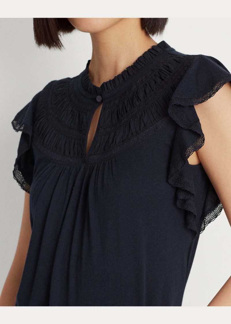 Camiseta Encaje-Trim Jersey Flutter-Sleeve Blouse Mujer Azul Marino | RXLQ48509 - vista 3
