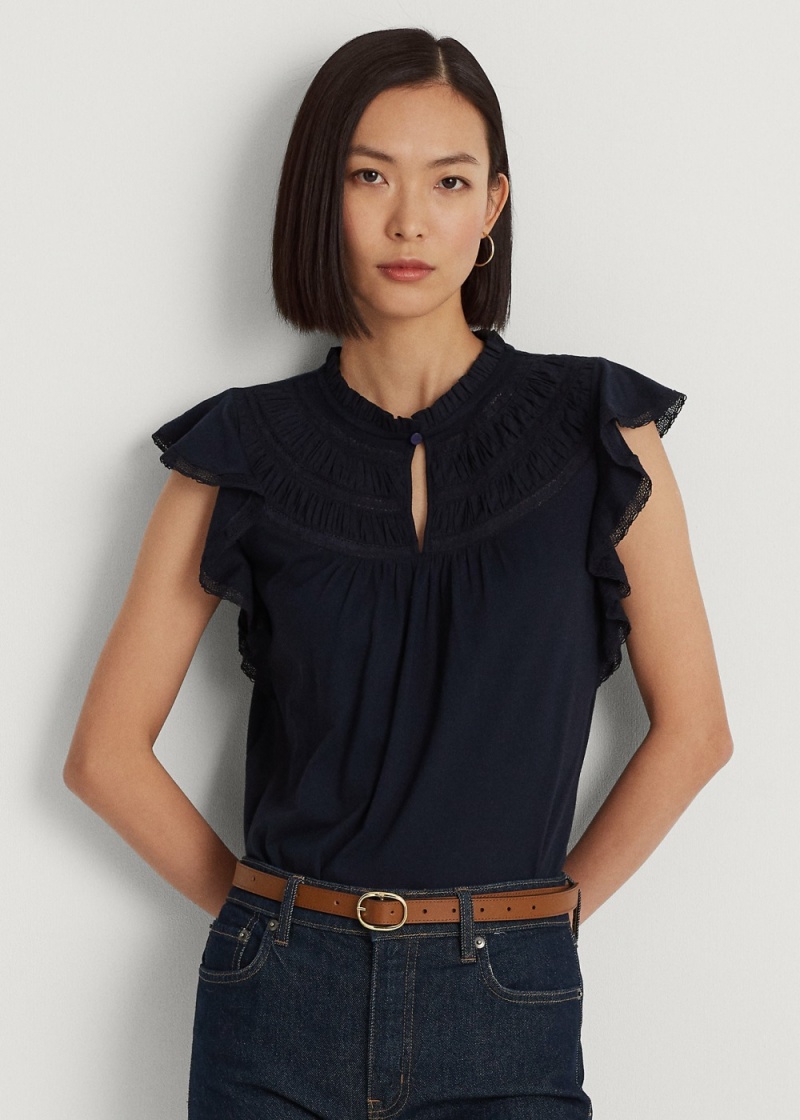 Camiseta Encaje-Trim Jersey Flutter-Sleeve Blouse Mujer Azul Marino | RXLQ48509 - vista 1