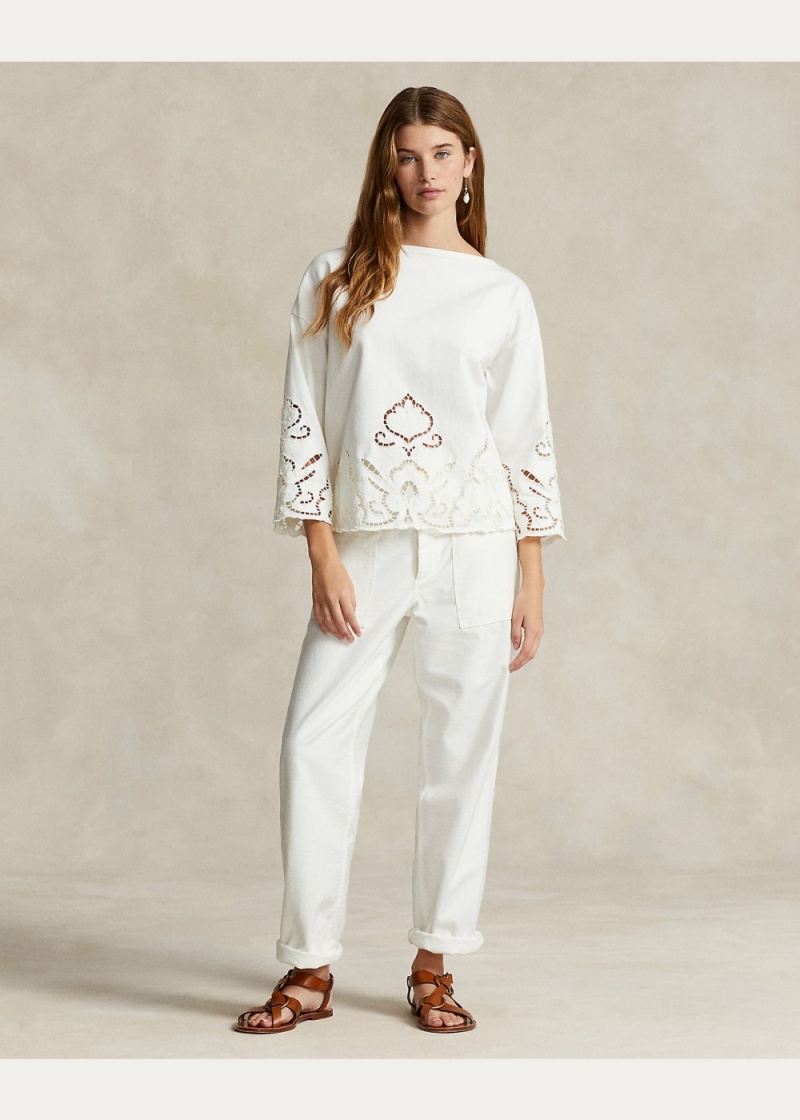 Camiseta Eyelet-Embroidered Algodon Top Mujer Negros | DSOJ85719 - vista 3