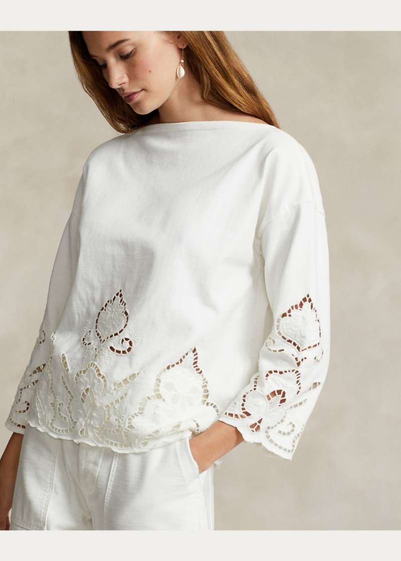 Camiseta Eyelet-Embroidered Algodon Top Mujer Negros | DSOJ85719 - vista 5