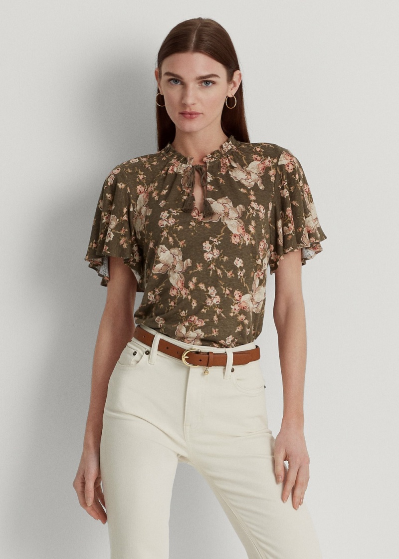Camiseta Floral Jersey Tie-Neck Top Mujer Rosas | JDPF26178 - vista 1