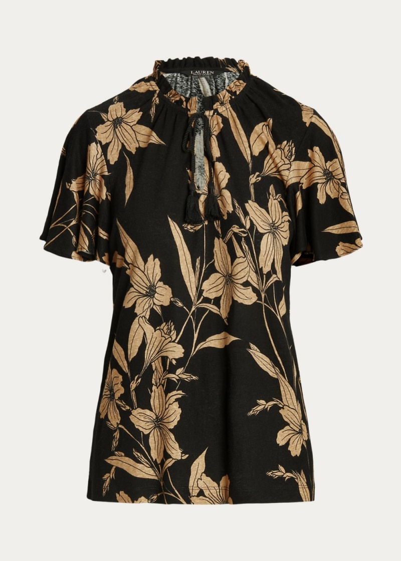 Camiseta Floral Linen-Blend Jersey Tie-Neck Top Mujer Marrom | LJTC94517 - vista 2