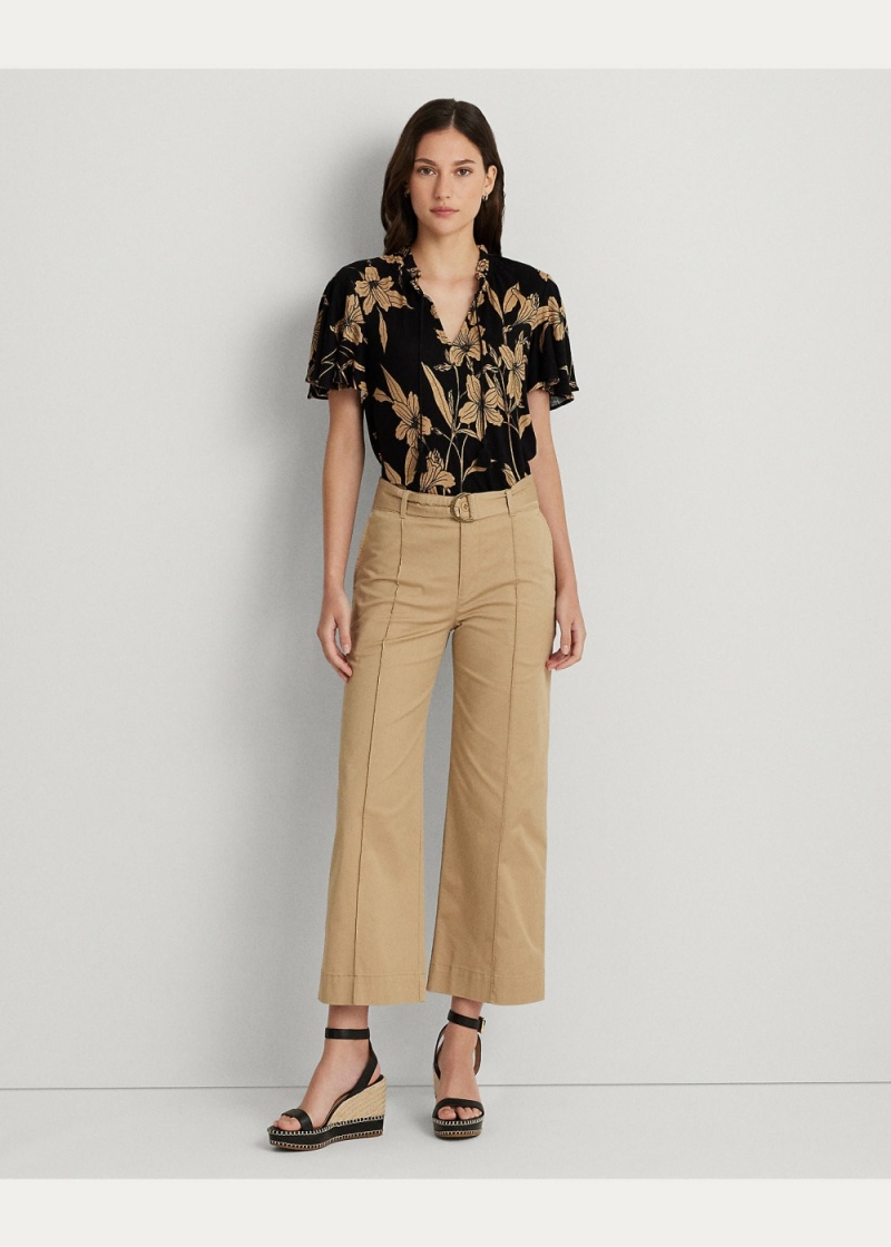 Camiseta Floral Linen-Blend Jersey Tie-Neck Top Mujer Marrom | LJTC94517 - vista 3