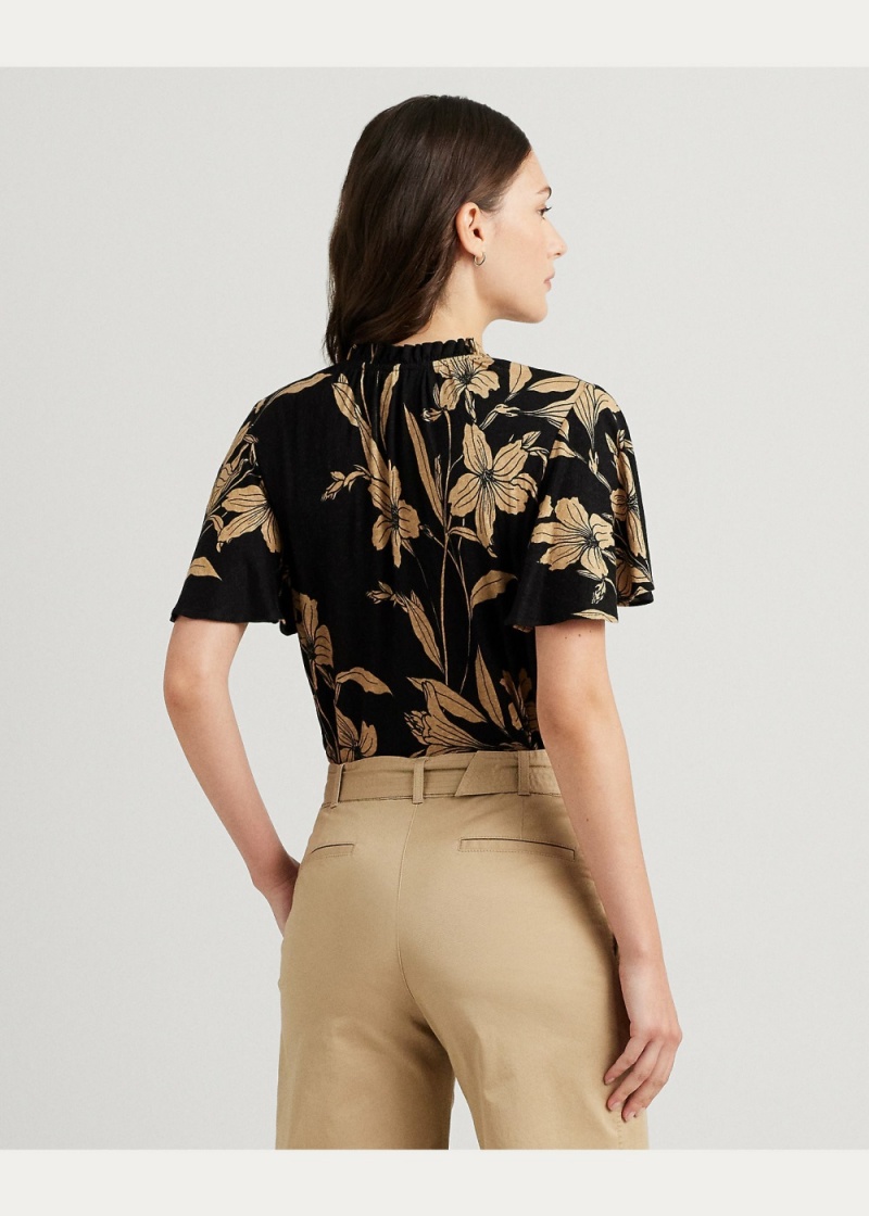 Camiseta Floral Linen-Blend Jersey Tie-Neck Top Mujer Marrom | LJTC94517 - vista 4