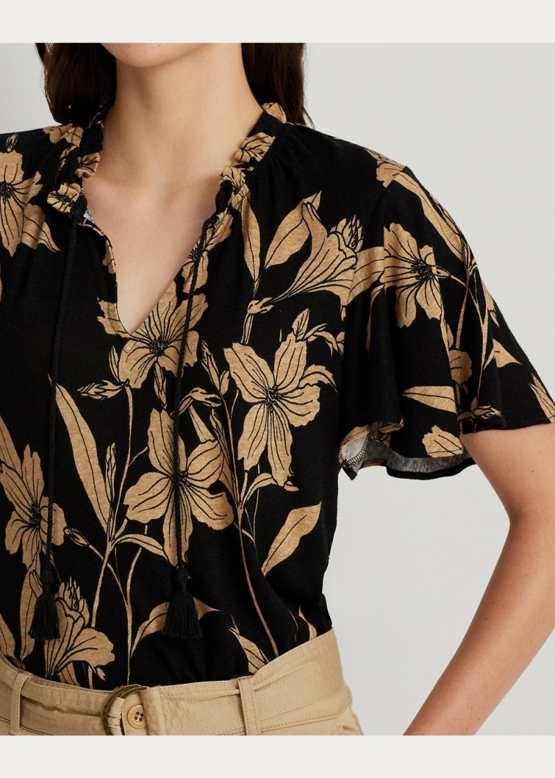 Camiseta Floral Linen-Blend Jersey Tie-Neck Top Mujer Marrom | LJTC94517 - vista 5
