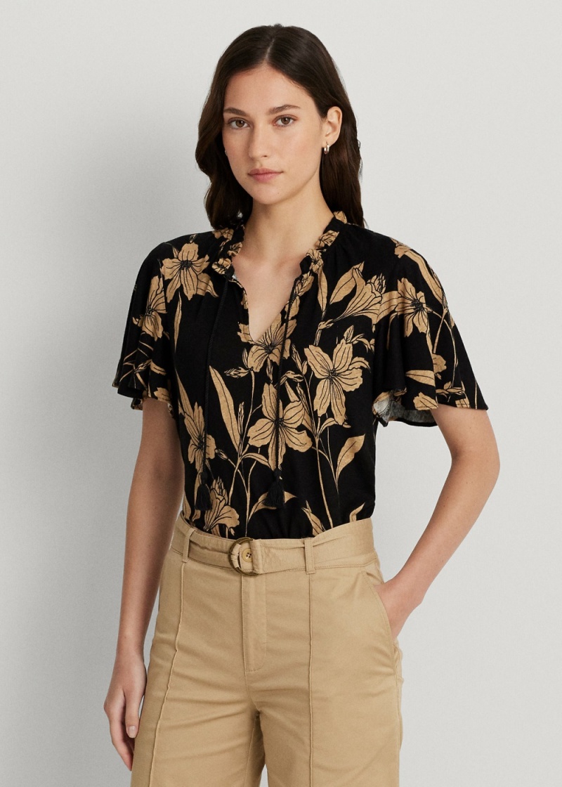 Camiseta Floral Linen-Blend Jersey Tie-Neck Top Mujer Marrom | LJTC94517 - vista 1
