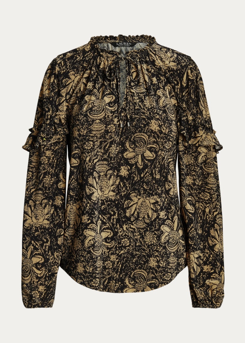 Camiseta Floral Ruffle-Trim Jersey Tie-Neck Top Mujer Marrom | JYCV96721 - vista 2