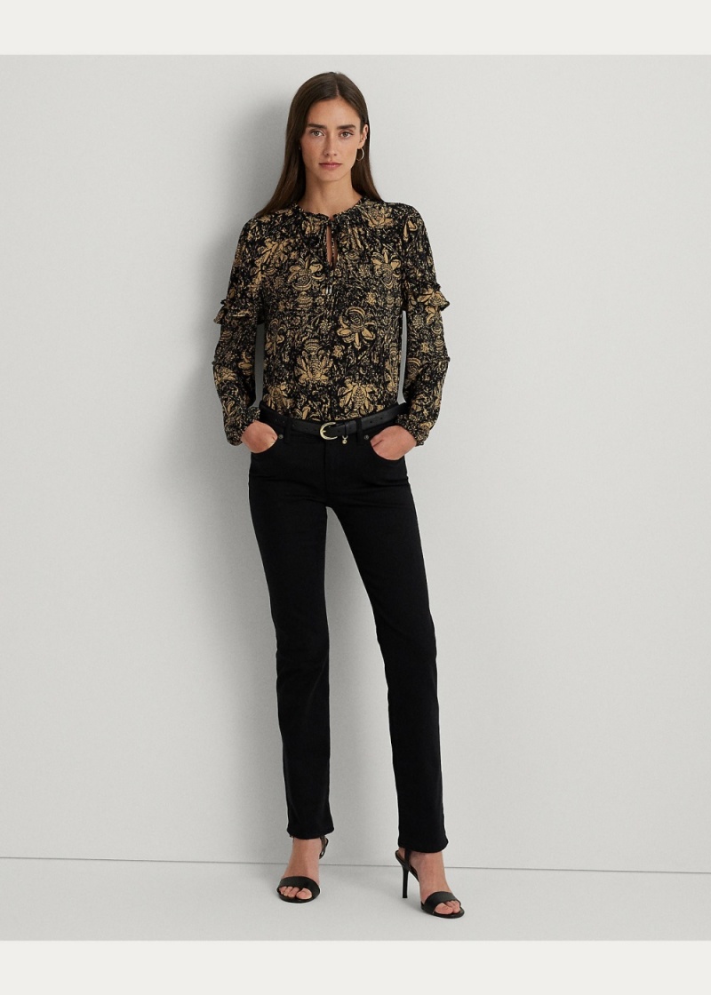 Camiseta Floral Ruffle-Trim Jersey Tie-Neck Top Mujer Marrom | JYCV96721 - vista 3