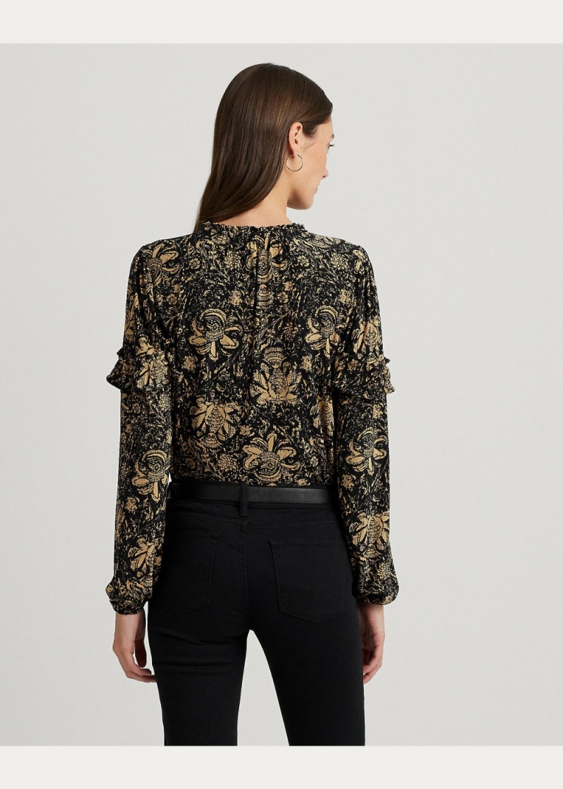 Camiseta Floral Ruffle-Trim Jersey Tie-Neck Top Mujer Marrom | JYCV96721 - vista 4
