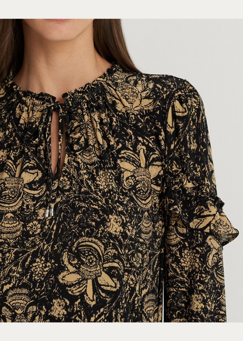 Camiseta Floral Ruffle-Trim Jersey Tie-Neck Top Mujer Marrom | JYCV96721 - vista 5