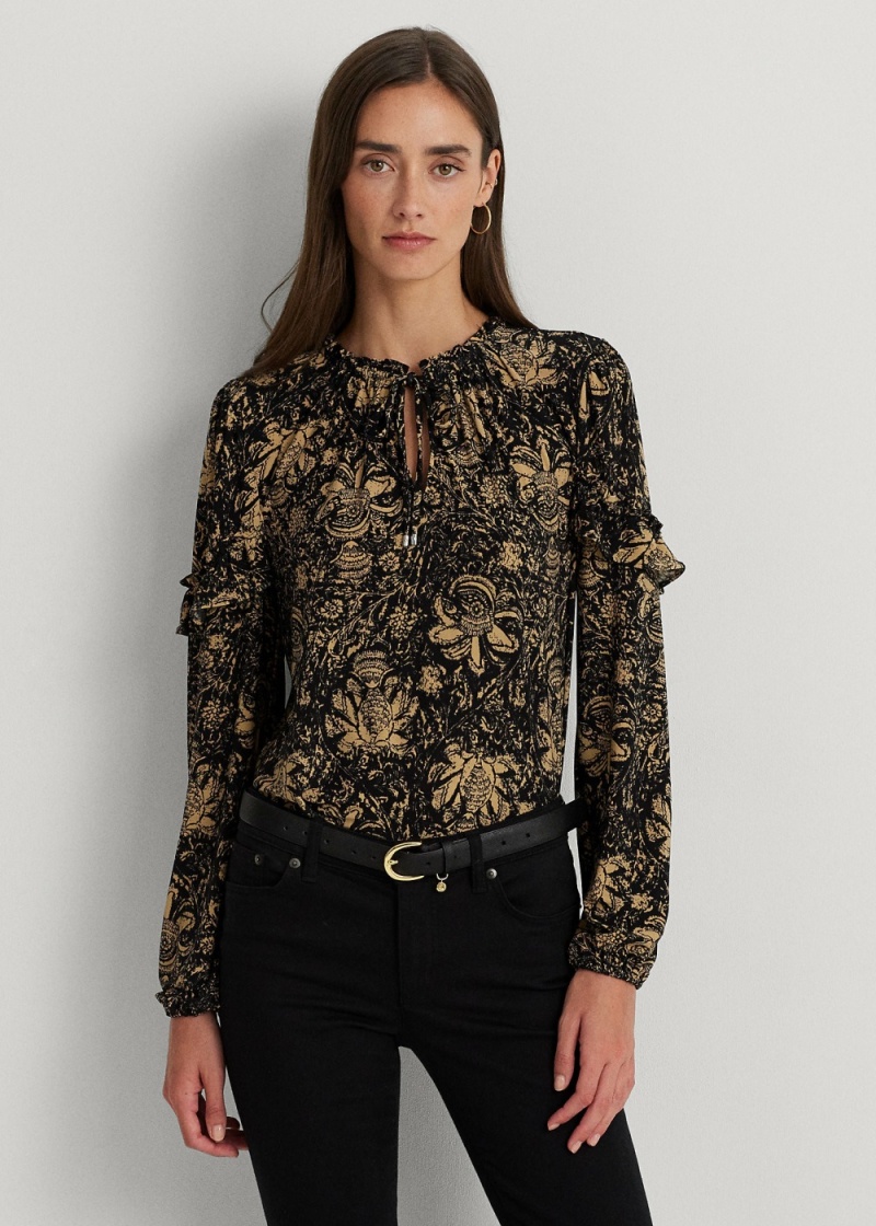 Camiseta Floral Ruffle-Trim Jersey Tie-Neck Top Mujer Marrom | JYCV96721 - vista 1