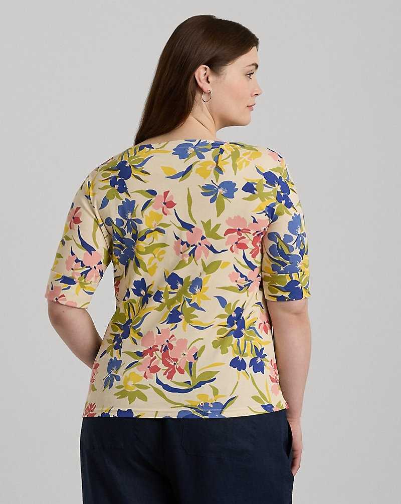 Camiseta Ralph Lauren Floral Stretch Cotton Boatneck T-shirt Mujer Cream/Blue Multi | UNJTQHD-83 - vista 4