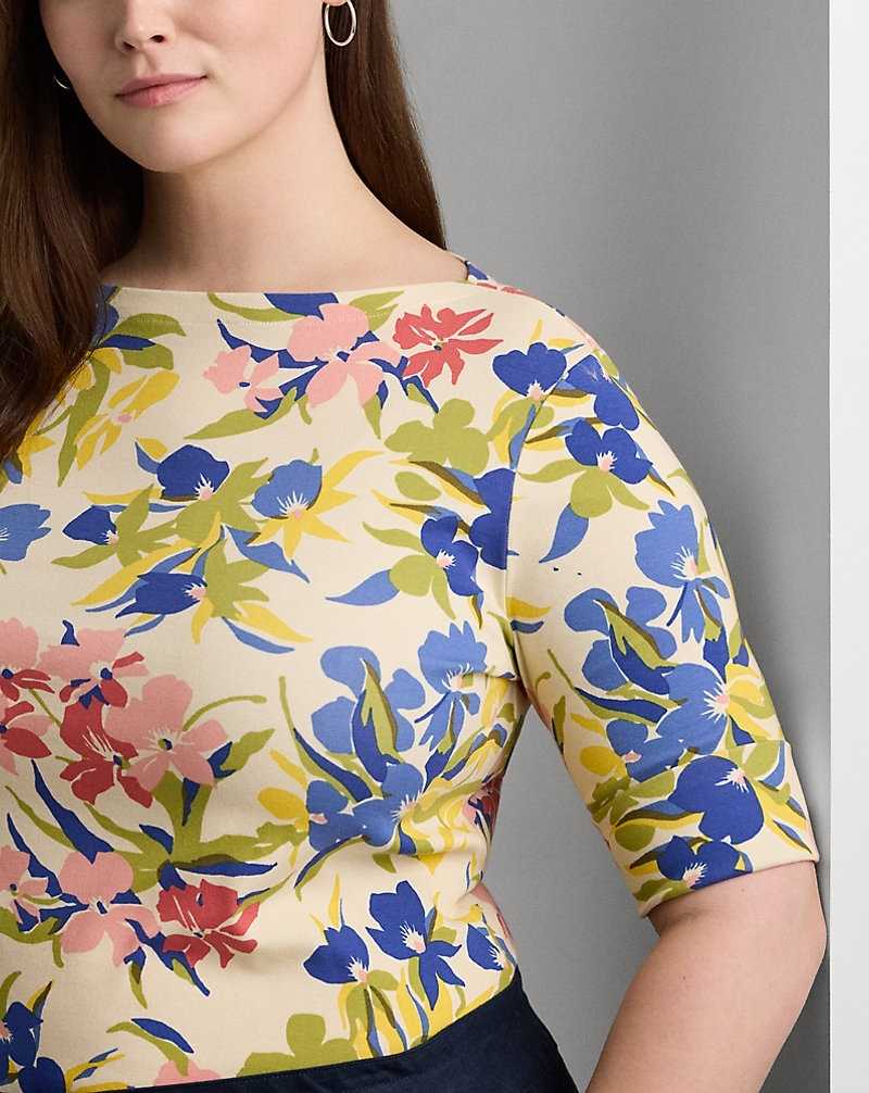Camiseta Ralph Lauren Floral Stretch Cotton Boatneck T-shirt Mujer Cream/Blue Multi | UNJTQHD-83 - vista 5