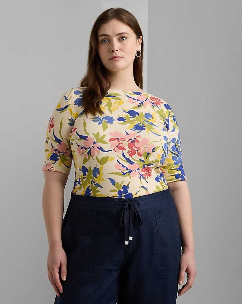 Camiseta Ralph Lauren Floral Stretch Cotton Boatneck T-shirt Mujer Cream/Blue Multi | UNJTQHD-83 - vista 1