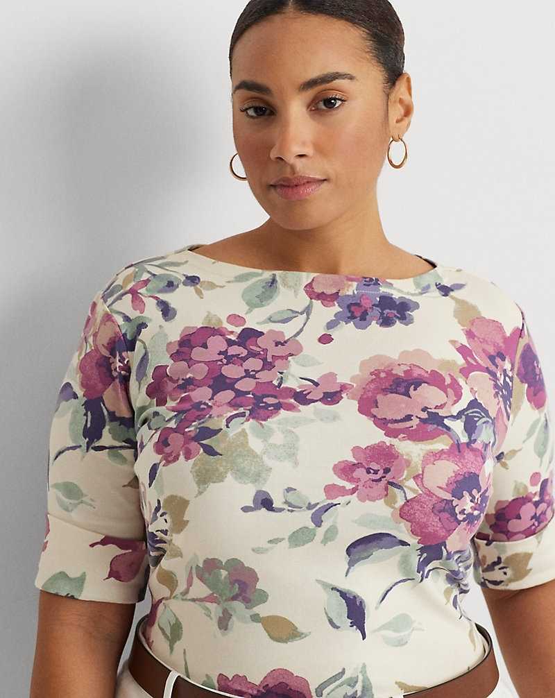 Camiseta Ralph Lauren Floral Stretch Cotton Boatneck T-shirt Mujer Creme | JMWGEHY-64 - vista 5
