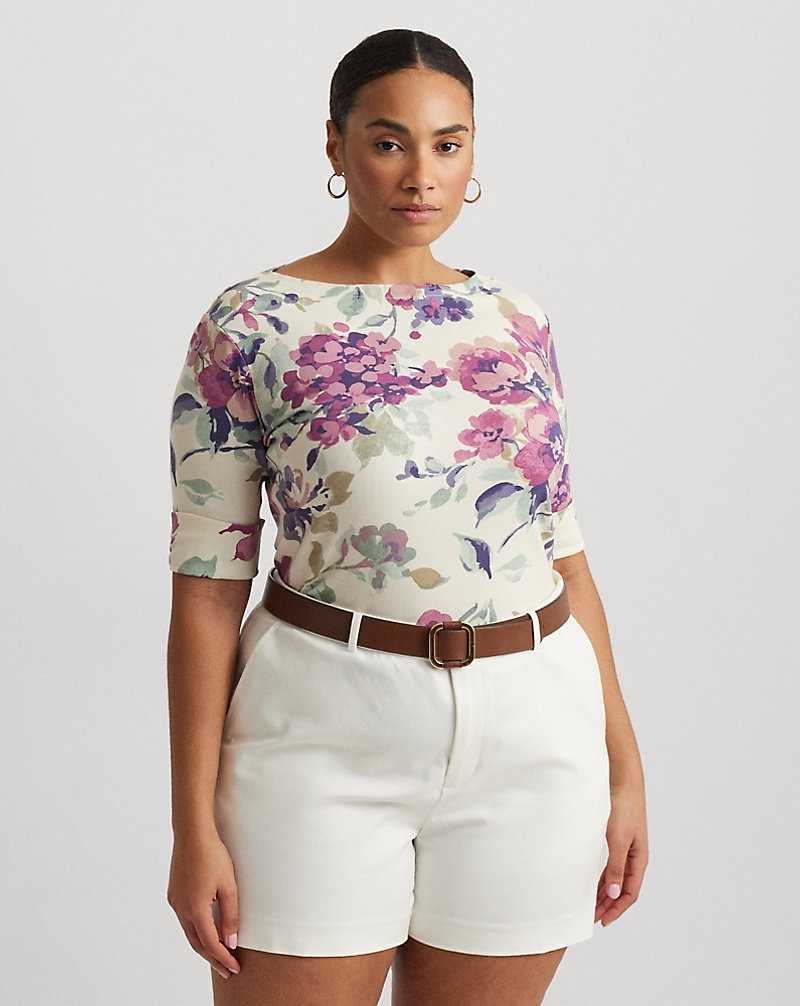 Camiseta Ralph Lauren Floral Stretch Cotton Boatneck T-shirt Mujer Creme | JMWGEHY-64 - vista 1