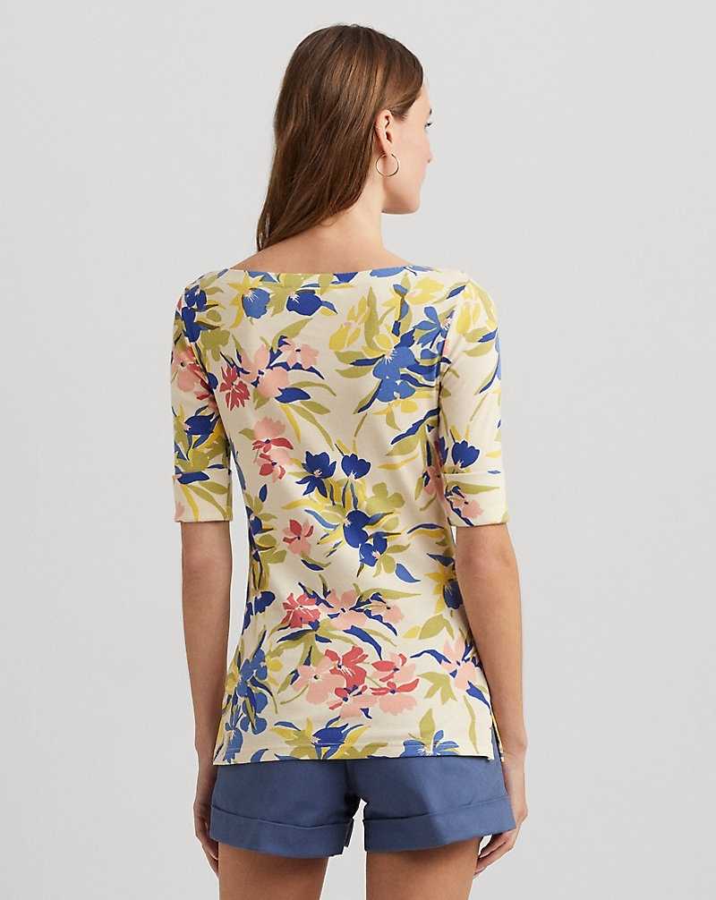 Camiseta Ralph Lauren Floral Stretch Cotton Boatneck T-shirt Mujer Cream/Blue Multi | SINDERK-07 - vista 4