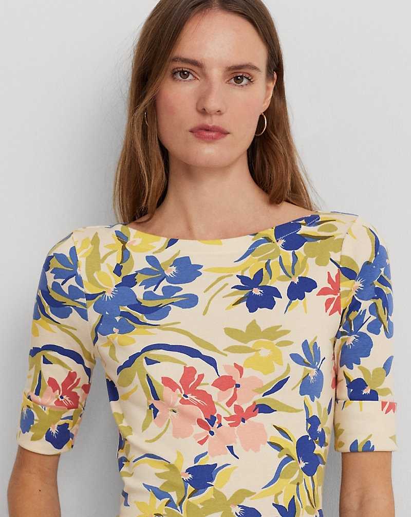 Camiseta Ralph Lauren Floral Stretch Cotton Boatneck T-shirt Mujer Cream/Blue Multi | SINDERK-07 - vista 5