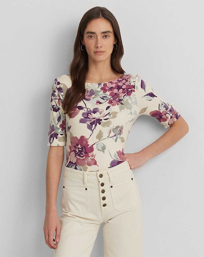 Camiseta Ralph Lauren Floral Stretch Cotton Boatneck T-shirt Mujer Creme | HGVFRYA-85 - vista 1