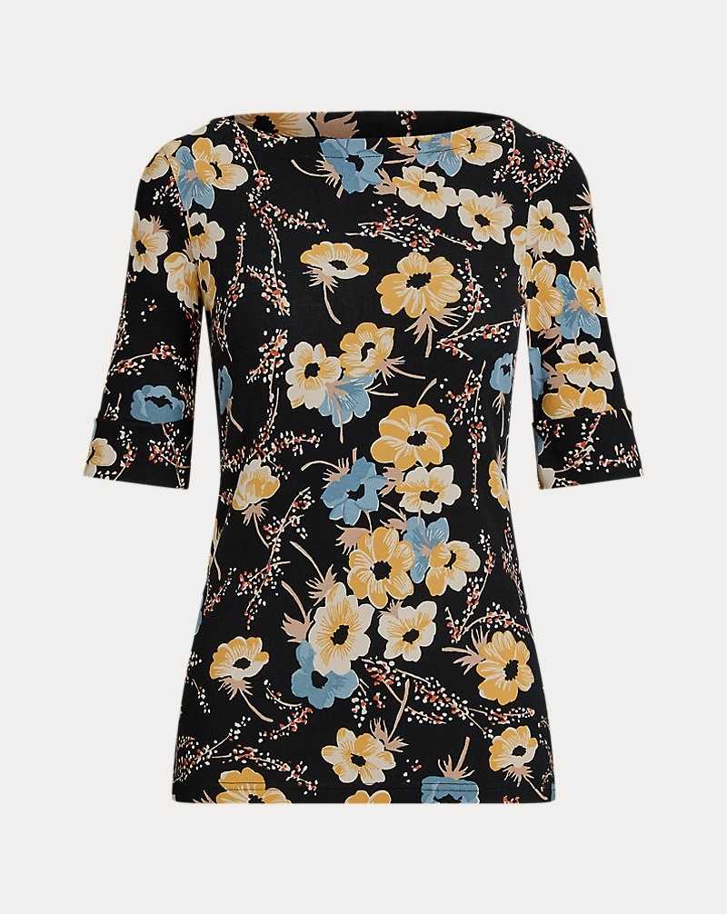Camiseta Ralph Lauren Floral Stretch Cotton Boatneck T-shirt Mujer Negros | UWGPBQF-40 - vista 2