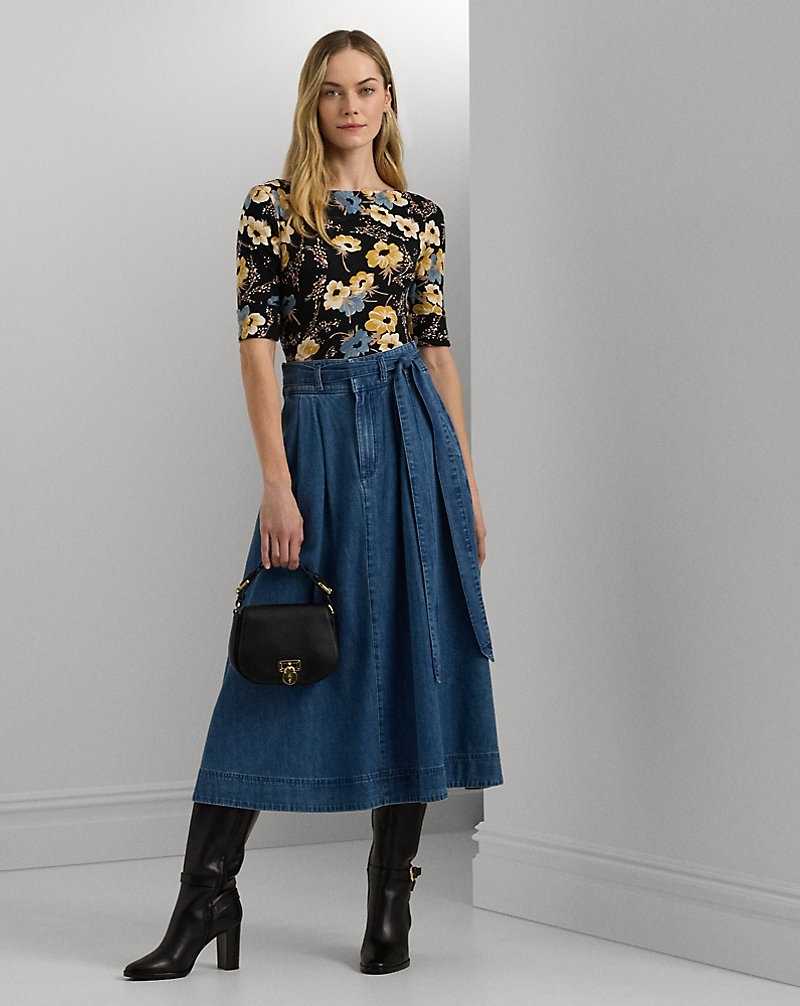Camiseta Ralph Lauren Floral Stretch Cotton Boatneck T-shirt Mujer Negros | UWGPBQF-40 - vista 3