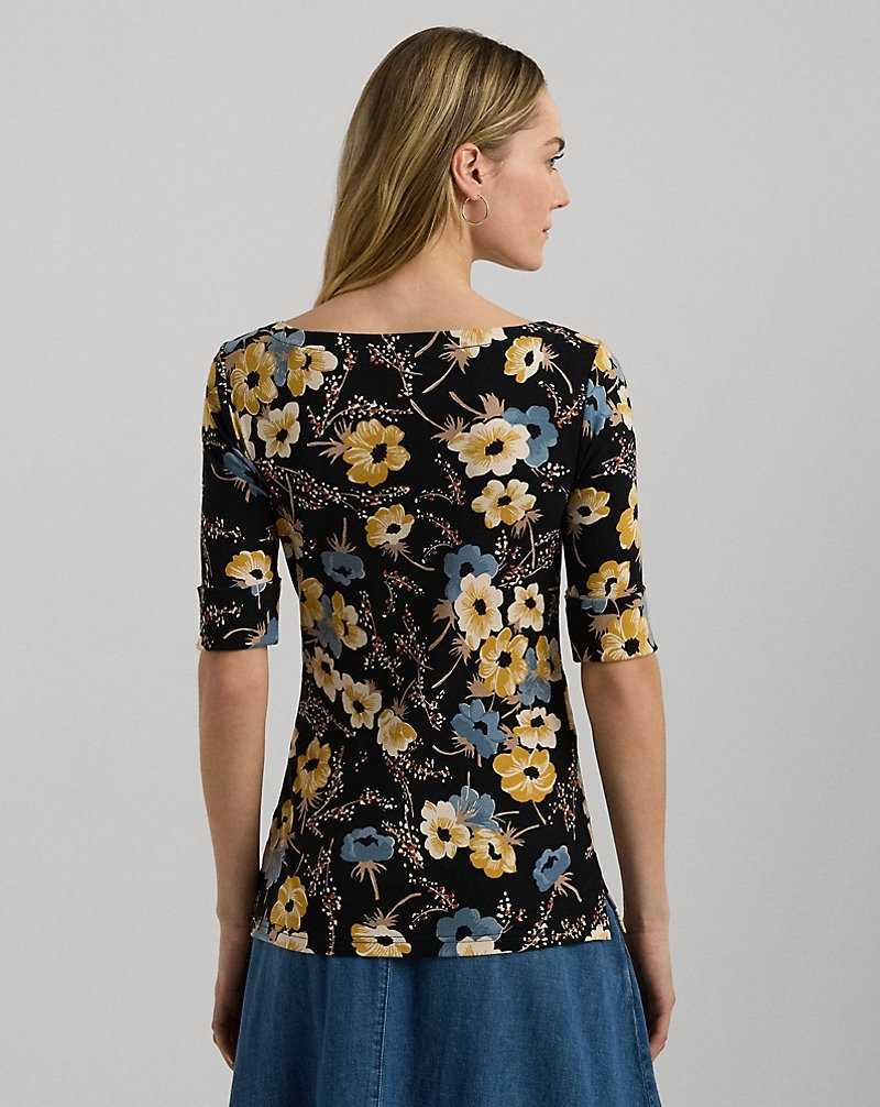 Camiseta Ralph Lauren Floral Stretch Cotton Boatneck T-shirt Mujer Negros | UWGPBQF-40 - vista 4