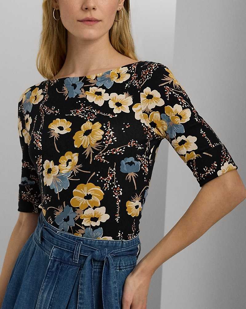 Camiseta Ralph Lauren Floral Stretch Cotton Boatneck T-shirt Mujer Negros | UWGPBQF-40 - vista 5