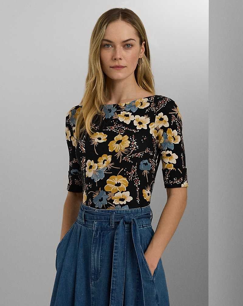 Camiseta Ralph Lauren Floral Stretch Cotton Boatneck T-shirt Mujer Negros | UWGPBQF-40 - vista 1