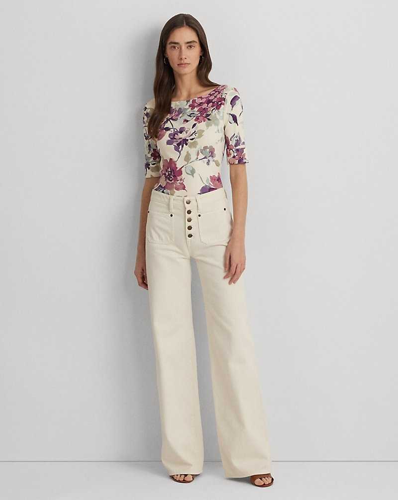 Camiseta Ralph Lauren Floral Stretch Cotton Boatneck T-shirt Mujer Creme | CNOTWPK-24 - vista 3