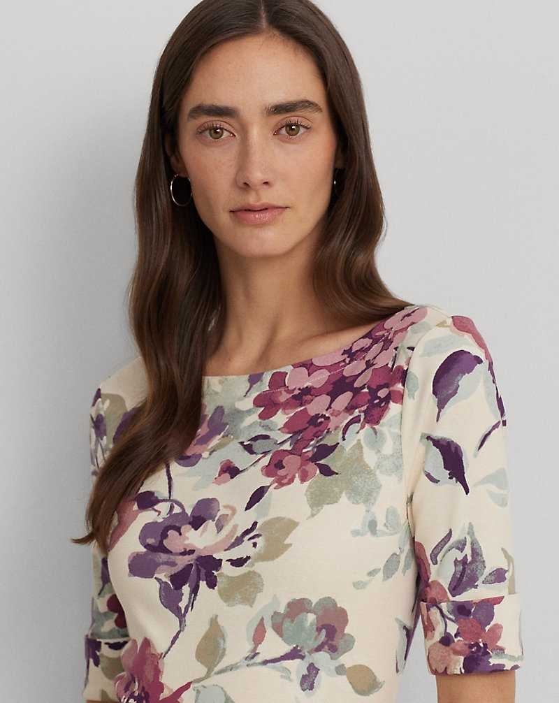 Camiseta Ralph Lauren Floral Stretch Cotton Boatneck T-shirt Mujer Creme | CNOTWPK-24 - vista 5